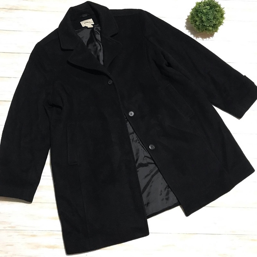 L.L. Bean Black Wool Blend Pea Coat with Notched Collar